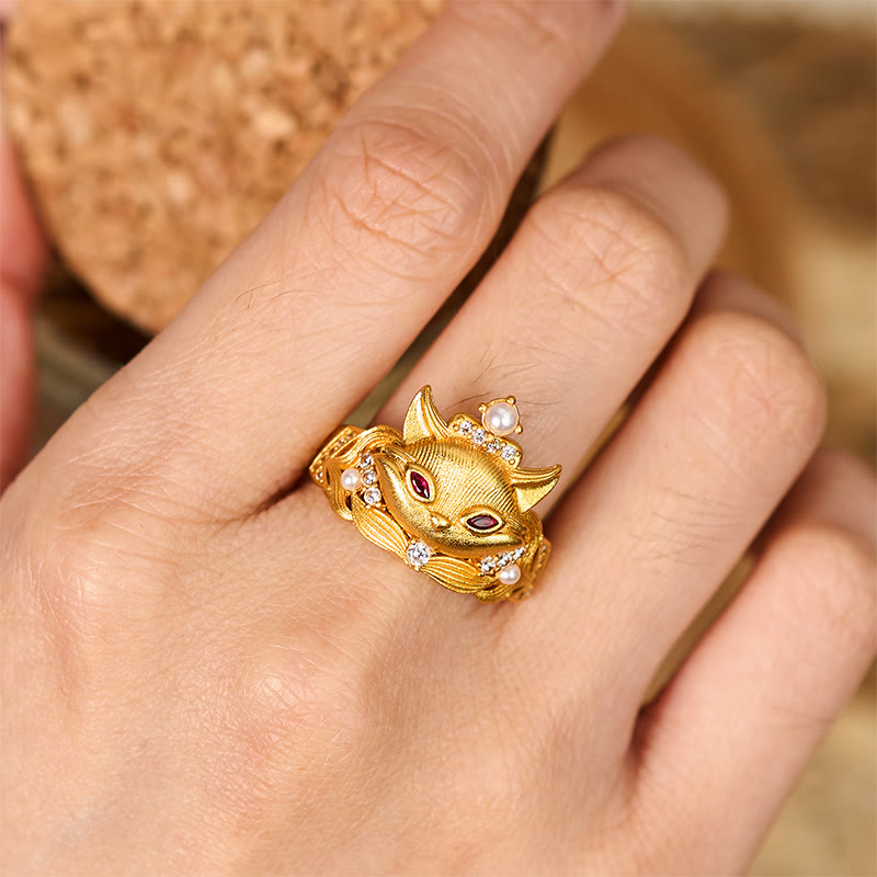 Pierścień regulowany z Buddha Stones z motywem głowy lisa, 24-karatowe złoto, mosiądz - image 4