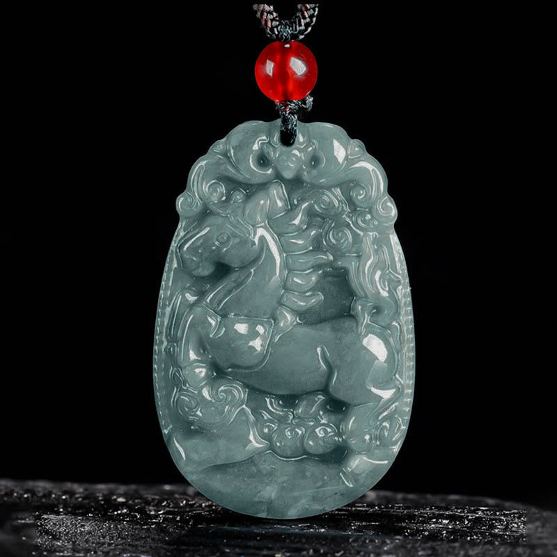 Naszyjnik z jadeitu z Buddha Stones, chiński znak zodiaku, rok konia, lina szczęścia - Koń - image 0