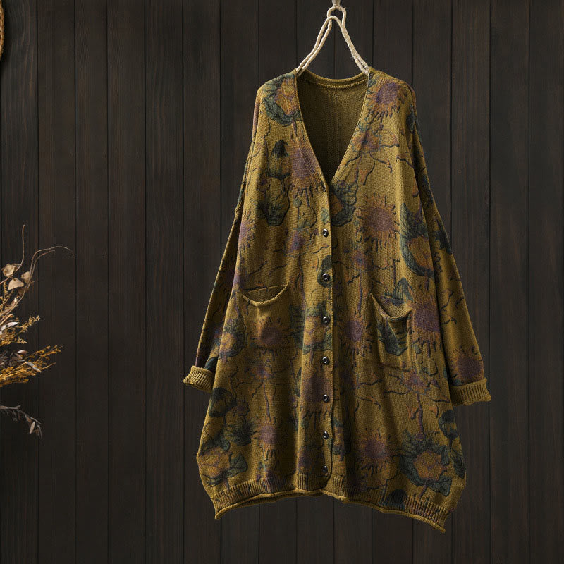 Sweter kardigan z dzianiny damskiej z długimi rękawami i kieszeniami, z motywem słonecznika i Buddha Stones , średniej długości, zapinany na guziki - DarkGoldenrod - US4-8/10, UK/AU8-12/14, EU36-40/42 (F) - image 15