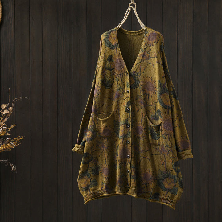 Sweter kardigan z dzianiny damskiej z długimi rękawami i kieszeniami, z motywem słonecznika i Buddha Stones , średniej długości, zapinany na guziki - DarkGoldenrod - US4-8/10, UK/AU8-12/14, EU36-40/42 (F) - image 15