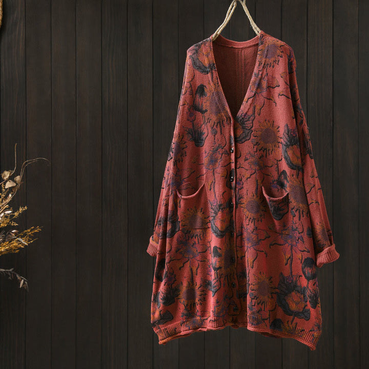 Sweter kardigan z dzianiny damskiej z długimi rękawami i kieszeniami, z motywem słonecznika i Buddha Stones , średniej długości, zapinany na guziki - Czerwony - US4-8/10, UK/AU8-12/14, EU36-40/42 (F) - image 12