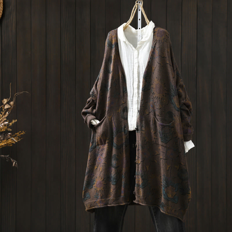 Sweter kardigan z dzianiny damskiej z długimi rękawami i kieszeniami, z motywem słonecznika i Buddha Stones , średniej długości, zapinany na guziki - Sjena - US4-8/10, UK/AU8-12/14, EU36-40/42 (F) - image 21