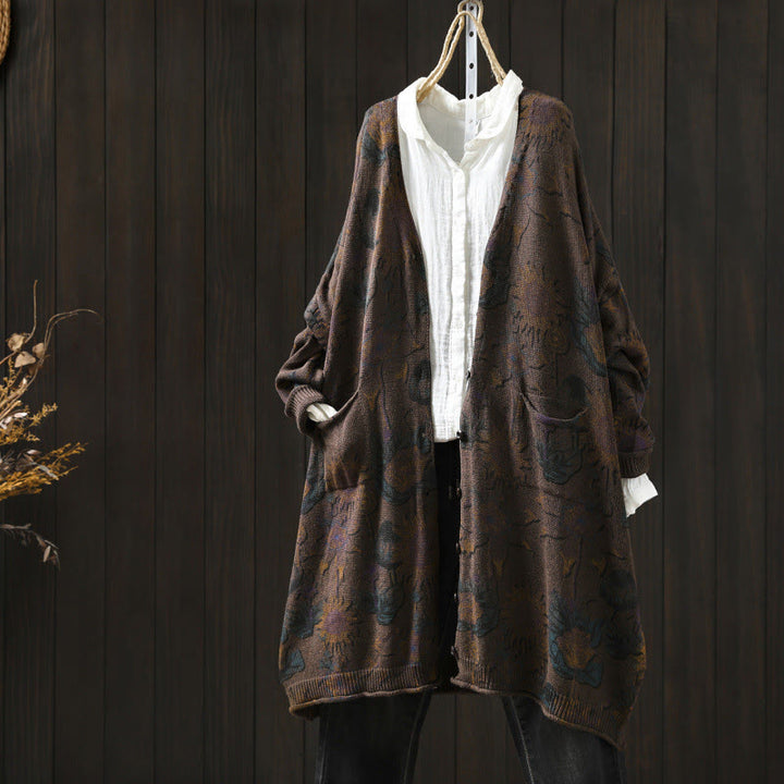 Sweter kardigan z dzianiny damskiej z długimi rękawami i kieszeniami, z motywem słonecznika i Buddha Stones , średniej długości, zapinany na guziki - Sjena - US4-8/10, UK/AU8-12/14, EU36-40/42 (F) - image 21