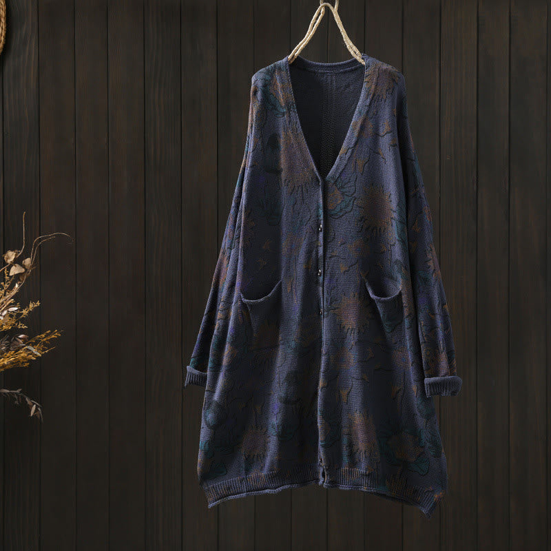 Sweter kardigan z dzianiny damskiej z długimi rękawami i kieszeniami, z motywem słonecznika i Buddha Stones , średniej długości, zapinany na guziki - MidnightBlue - US4-8/10, UK/AU8-12/14, EU36-40/42 (F) - image 23