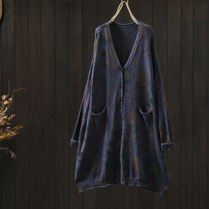 Sweter kardigan z dzianiny damskiej z długimi rękawami i kieszeniami, z motywem słonecznika i Buddha Stones , średniej długości, zapinany na guziki - MidnightBlue - US4-8/10, UK/AU8-12/14, EU36-40/42 (F) - image 23