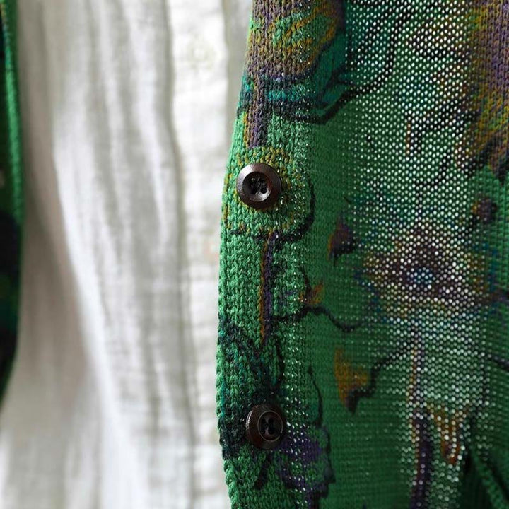 Sweter kardigan z dzianiny damskiej z długimi rękawami i kieszeniami, z motywem słonecznika i Buddha Stones , średniej długości, zapinany na guziki - image 6