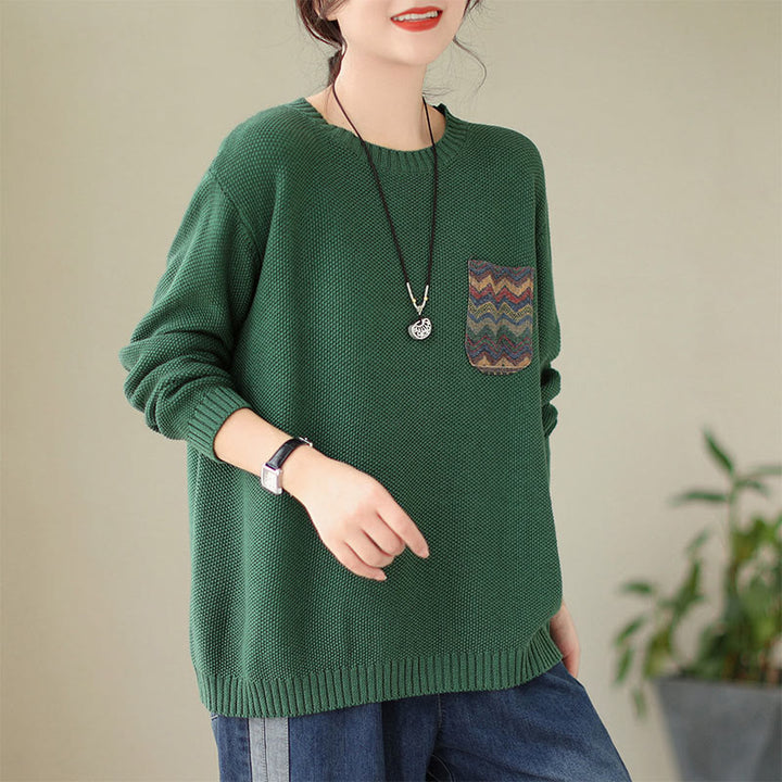 Sweter damski z długim rękawem z dzianiny bawełnianej z motywem jesiennych kwiatów i kieszeniami, z motywem Buddha Stones - SeaGreen - US4-6, UK/AU8-10, EU36-38 (F) - image 0