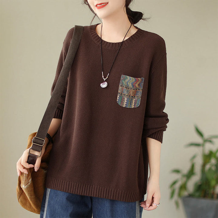Sweter damski z długim rękawem z dzianiny bawełnianej z motywem jesiennych kwiatów i kieszeniami, z motywem Buddha Stones - SaddleBrown - US4-6, UK/AU8-10, EU36-38 (F) - image 6