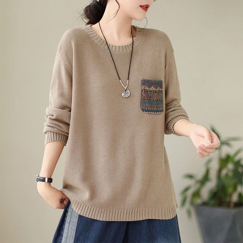 Sweter damski z długim rękawem z dzianiny bawełnianej z motywem jesiennych kwiatów i kieszeniami, z motywem Buddha Stones - Pszenica - US4-6, UK/AU8-10, EU36-38 (F) - image 3