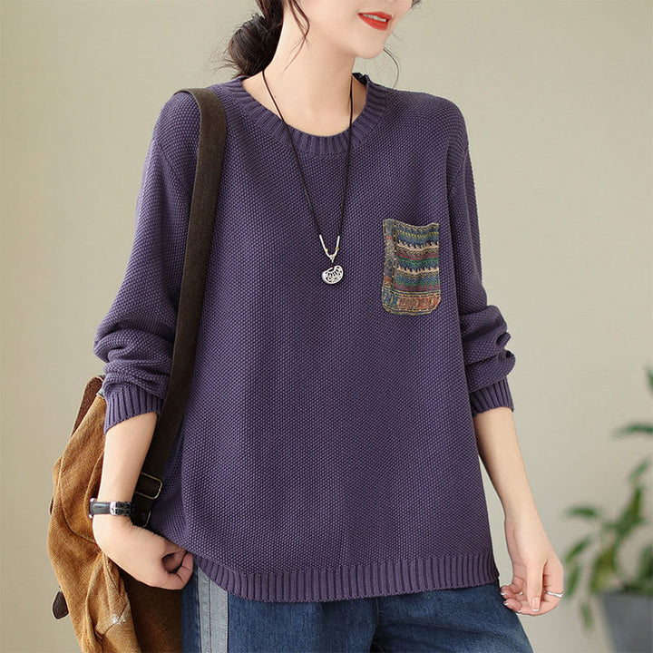 Sweter damski z długim rękawem z dzianiny bawełnianej z motywem jesiennych kwiatów i kieszeniami, z motywem Buddha Stones - Fioletowy - US4-6, UK/AU8-10, EU36-38 (F) - image 11