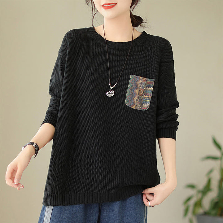 Sweter damski z długim rękawem z dzianiny bawełnianej z motywem jesiennych kwiatów i kieszeniami, z motywem Buddha Stones - Czarny - US4-6, UK/AU8-10, EU36-38 (F) - image 17