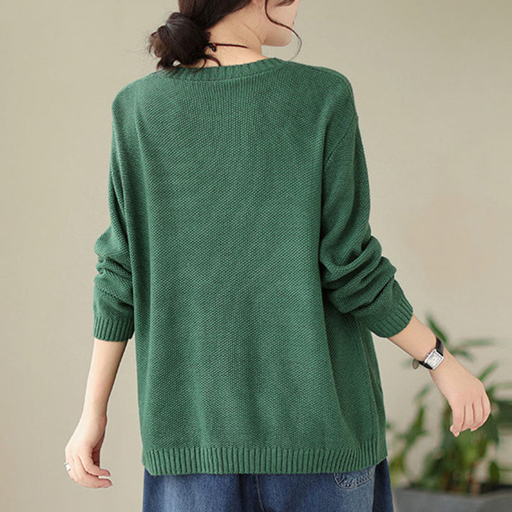 Sweter damski z długim rękawem z dzianiny bawełnianej z motywem jesiennych kwiatów i kieszeniami, z motywem Buddha Stones - image 1