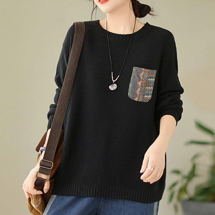 Sweter damski z długim rękawem z dzianiny bawełnianej z motywem jesiennych kwiatów i kieszeniami, z motywem Buddha Stones - image 19