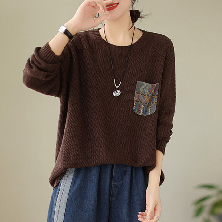 Sweter damski z długim rękawem z dzianiny bawełnianej z motywem jesiennych kwiatów i kieszeniami, z motywem Buddha Stones - image 8