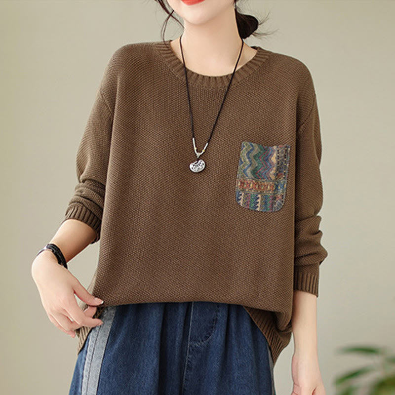 Sweter damski z długim rękawem z dzianiny bawełnianej z motywem jesiennych kwiatów i kieszeniami, z motywem Buddha Stones - image 15