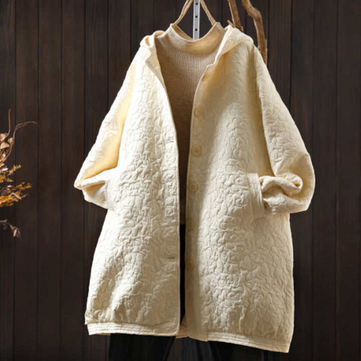 Kurtka damska z długim rękawem i kieszeniami, z bawełny żakardowej, z Buddha Stones, zapinana na guziki, średniej długości - Jedwab kukurydziany - US12, UK/AU16, EU44 (XL) - image 13