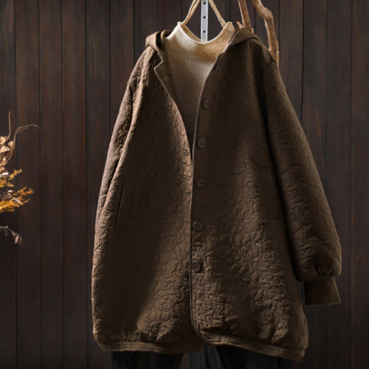 Kurtka damska z długim rękawem i kieszeniami, z bawełny żakardowej, z Buddha Stones, zapinana na guziki, średniej długości - DarkGoldenrod - US12, UK/AU16, EU44 (XL) - image 15