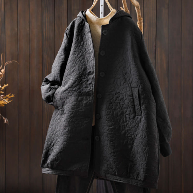 Kurtka damska z długim rękawem i kieszeniami, z bawełny żakardowej, z Buddha Stones, zapinana na guziki, średniej długości - Czarny - US12, UK/AU16, EU44 (XL) - image 17