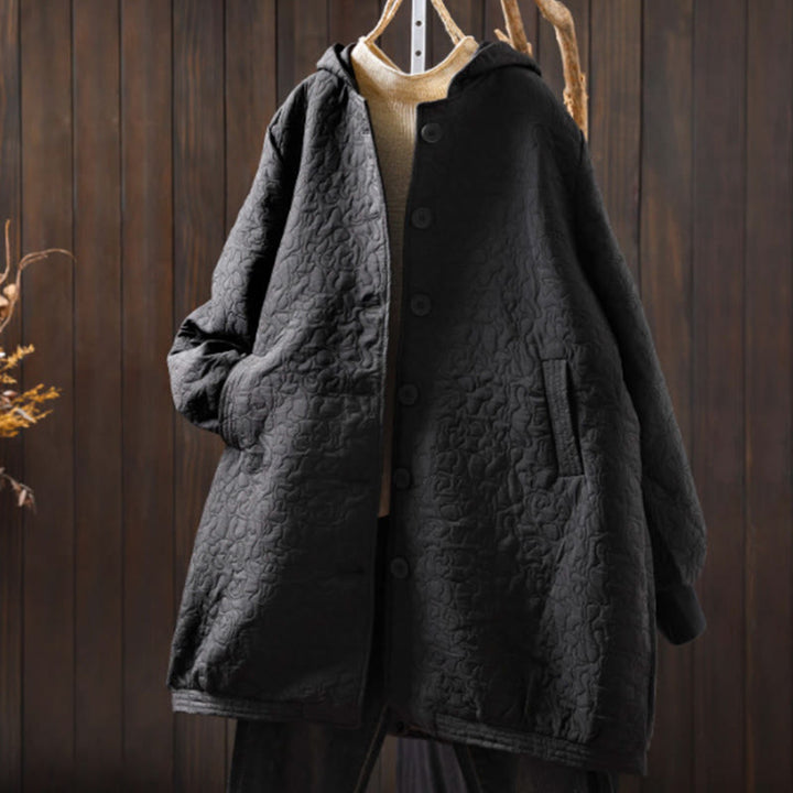 Kurtka damska z długim rękawem i kieszeniami, z bawełny żakardowej, z Buddha Stones, zapinana na guziki, średniej długości - Czarny - US12, UK/AU16, EU44 (XL) - image 17