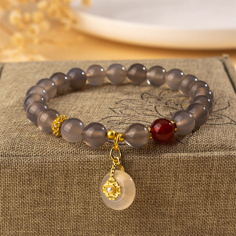 Bransoletka z Buddha Stones, szarego agatu i czerwonego agatu z chalcedonem - Agat szary (obwód nadgarstka: 15-16 cm) - image 0