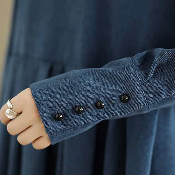 Sukienka midi Buddha Stones Fall z długim rękawem i kieszeniami, gładka, ciemnoniebieska, sztruksowa - image 10