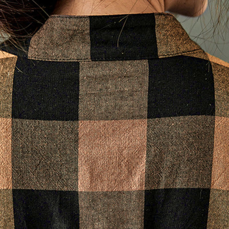 Sukienka midi z bawełny Buddha Stones Commute w kratkę z długim rękawem i patchworkową kolorystyką - image 10