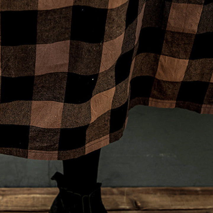 Sukienka midi z bawełny Buddha Stones Commute w kratkę z długim rękawem i patchworkową kolorystyką - image 12