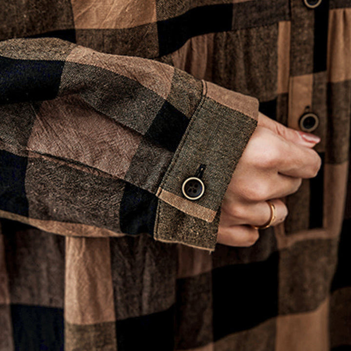 Sukienka midi z bawełny Buddha Stones Commute w kratkę z długim rękawem i patchworkową kolorystyką - image 11