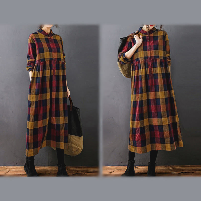 Sukienka midi z bawełny Buddha Stones Commute w kratkę z długim rękawem i patchworkową kolorystyką - image 19