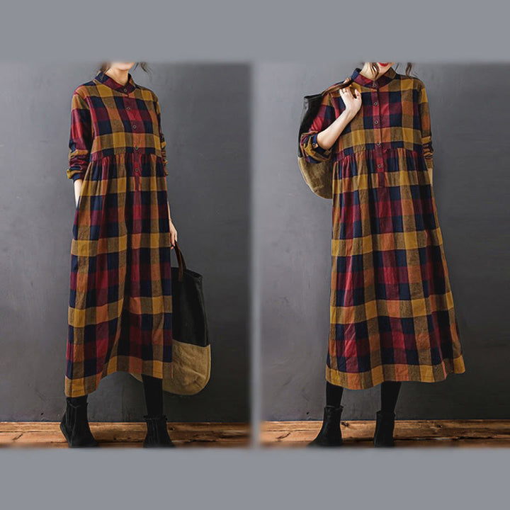 Sukienka midi z bawełny Buddha Stones Commute w kratkę z długim rękawem i patchworkową kolorystyką - image 19