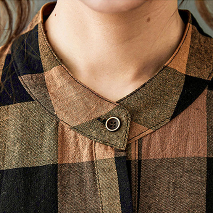 Sukienka midi z bawełny Buddha Stones Commute w kratkę z długim rękawem i patchworkową kolorystyką - image 9