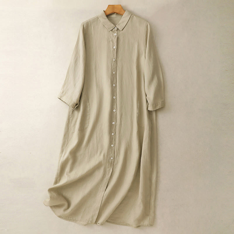 Sukienka midi z bawełny Buddha Stones Fall Commute z długimi rękawami i kieszeniami, prosta, z guzikami - Blada nawłoć - US8-10，UK/AU12-14，EU40-42 (2XL) - image 9