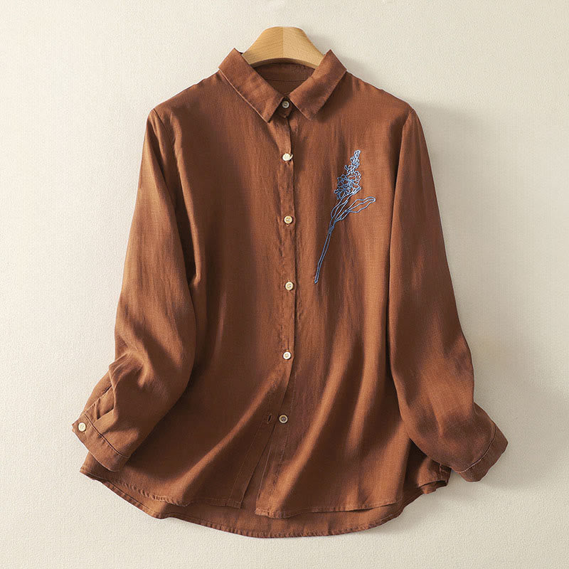Koszula damska z długim rękawem i guzikami, haftowana w kwiaty z motywem Buddha Stones - Czekolada - US8-10，UK/AU12-14，EU40-42 (2XL) - image 11