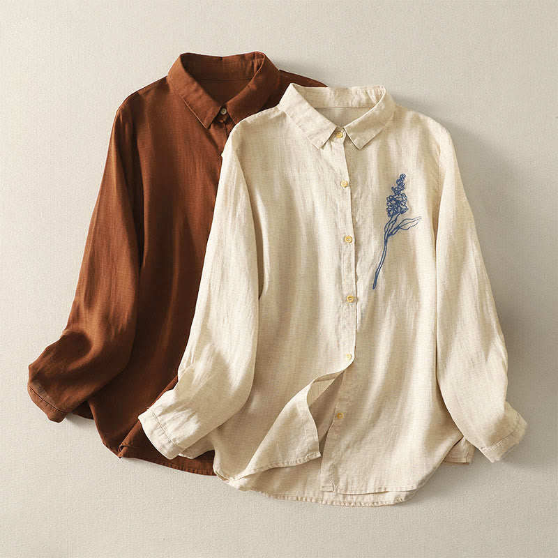 Koszula damska z długim rękawem i guzikami, haftowanymi kwiatami i Buddha Stones - image 0