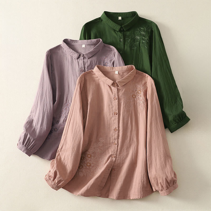 Koszula damska z długim rękawem i klapami, haftowana kwiatami winorośli i Buddha Stones - image 0