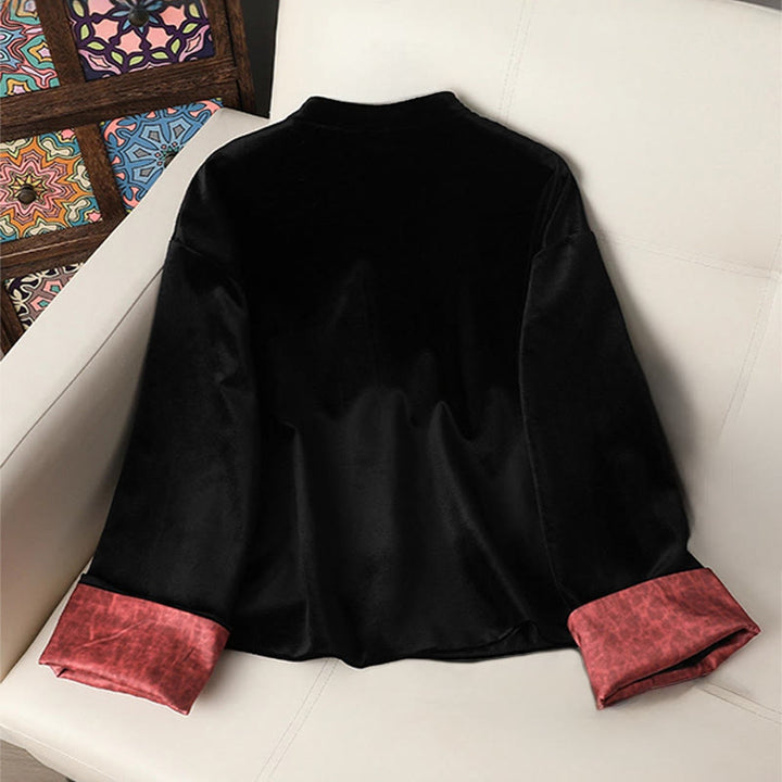 Kurtka damska z długim rękawem i grubym wykończeniem w kształcie Buddha Stones z kwiatowym wzorem  - image 1