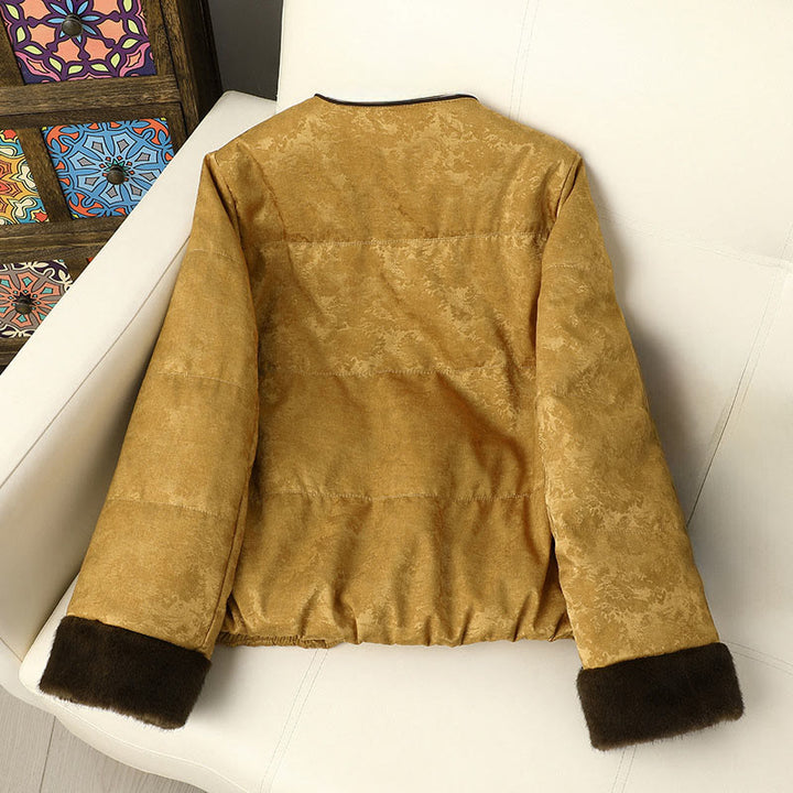 Buddha Stones Żakardowa kurtka damska z długim rękawem, grubym wykończeniem i kieszeniami, z guzikami w kolorze ciemnego wzoru - image 1