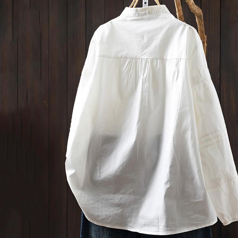 Koszula damska z długim rękawem z bawełny "Buddha Stones Fall" w kolorze białym z plisami w harmonijkę i guzikami - image 1