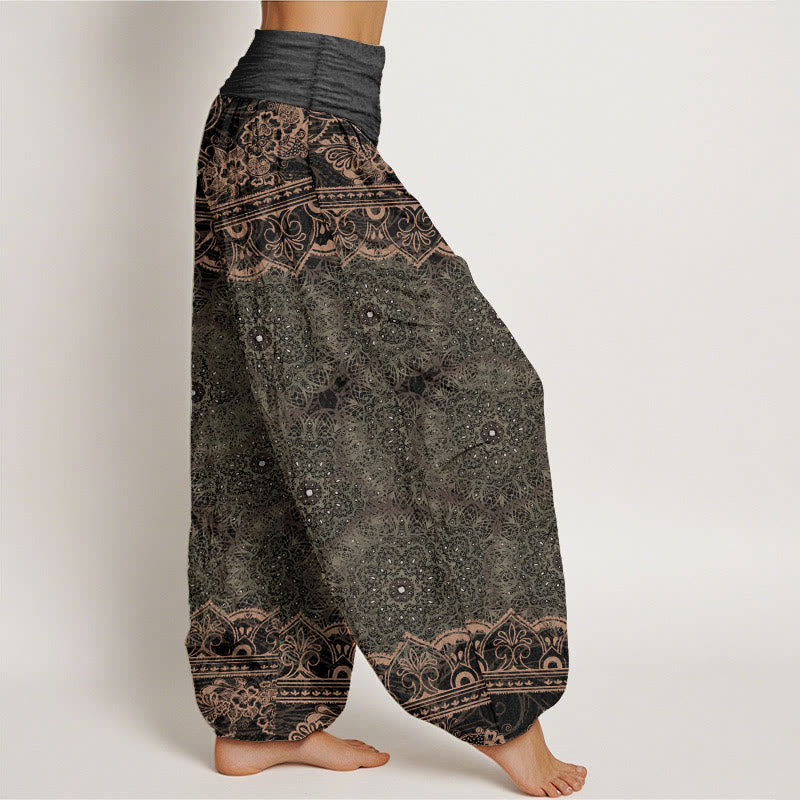 Eleganckie spodnie haremki damskie z elastycznym pasem i motywem kwiatów mandali z motywem Buddha Stones - image 8