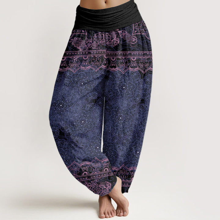 Eleganckie spodnie haremki damskie z elastycznym pasem i motywem kwiatów mandali z motywem Buddha Stones - Średniofioletowy - US22, UK/AU26, EU54 (6XL) - image 4