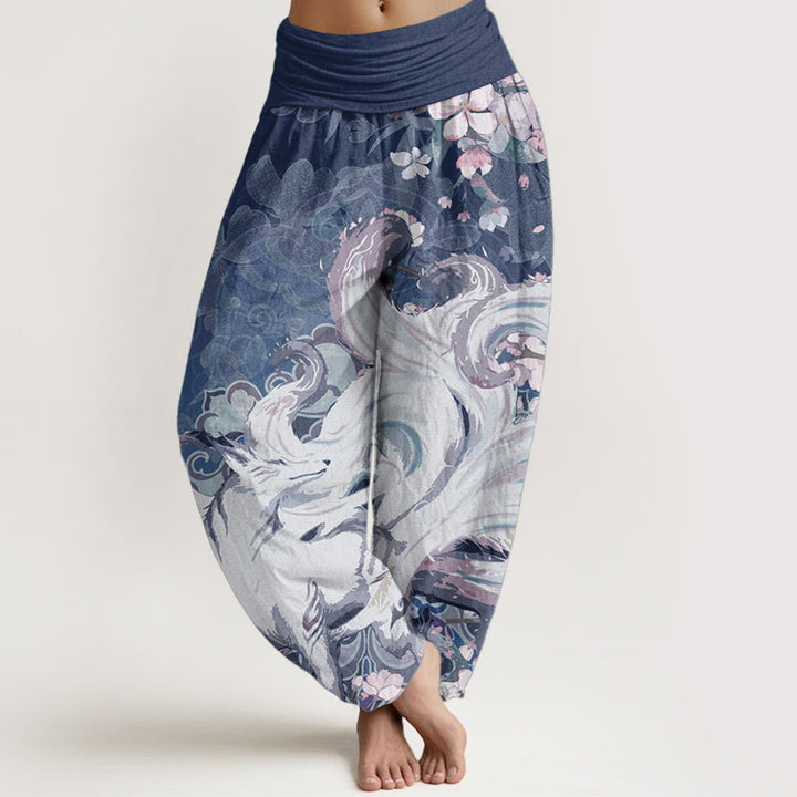 Damskie spodnie haremowe z elastyczną talią i bawełnianym lisem w kwiaty wiśni z motywem Buddha Stones - Marynarka wojenna - US22, UK/AU26, EU54 (6XL) - image 7