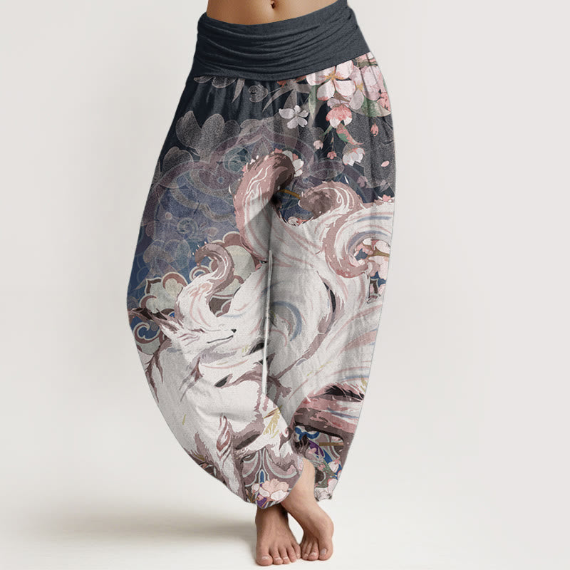 Damskie spodnie haremowe z elastyczną talią i bawełnianym lisem w kwiaty wiśni z motywem Buddha Stones - MidnightBlue - US22, UK/AU26, EU54 (6XL) - image 0