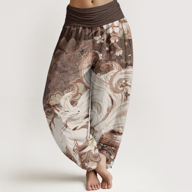 Damskie spodnie haremowe z elastyczną talią i bawełnianym lisem w kwiaty wiśni z motywem Buddha Stones - SaddleBrown - US22, UK/AU26, EU54 (6XL) - image 4
