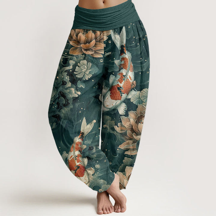 Damskie spodnie haremowe z elastyczną talią i kolorowymi rybkami koi w kwiaty lotosu z motywem kamieni Buddha Stones - LightSeaGreen - US22, UK/AU26, EU54 (6XL) - image 0