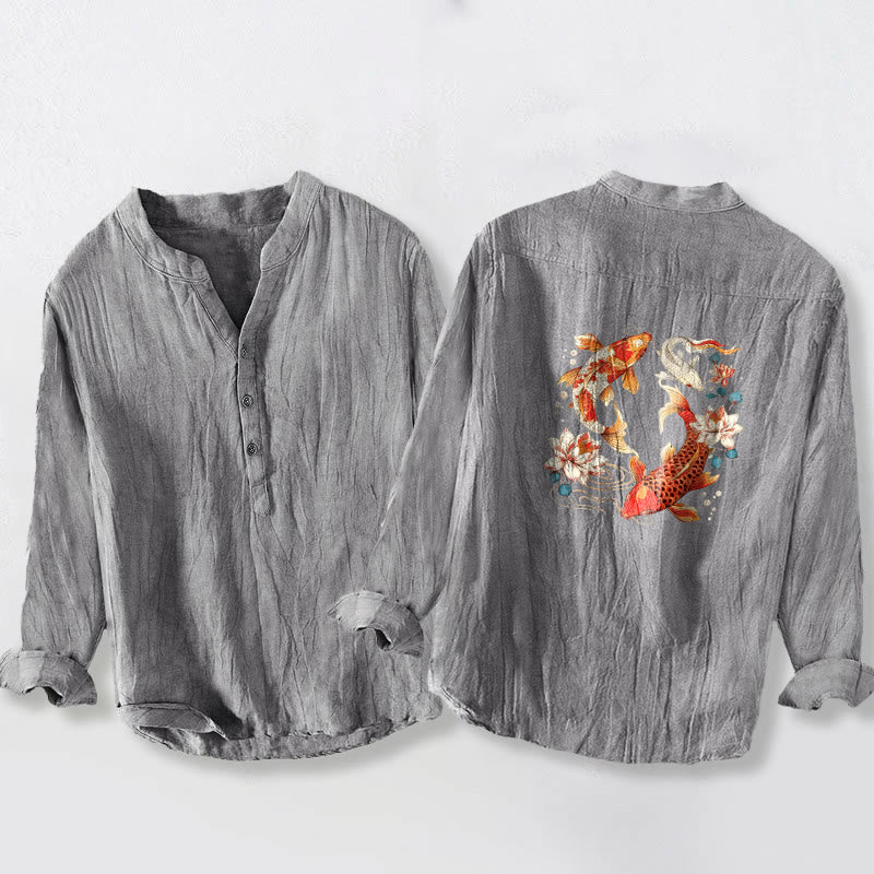 Koszula Buddha Stones z długim rękawem z bawełny i lnu, z motywem jasnych ryb Koi i motywem lotosu, z półguzikami - image 2