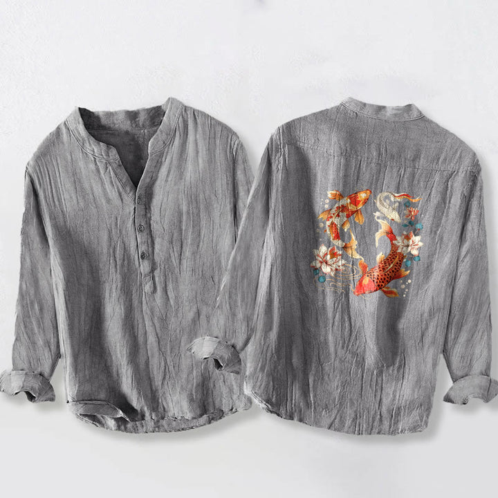 Koszula Buddha Stones z długim rękawem z bawełny i lnu, z motywem jasnych ryb Koi i motywem lotosu, z półguzikami - image 2