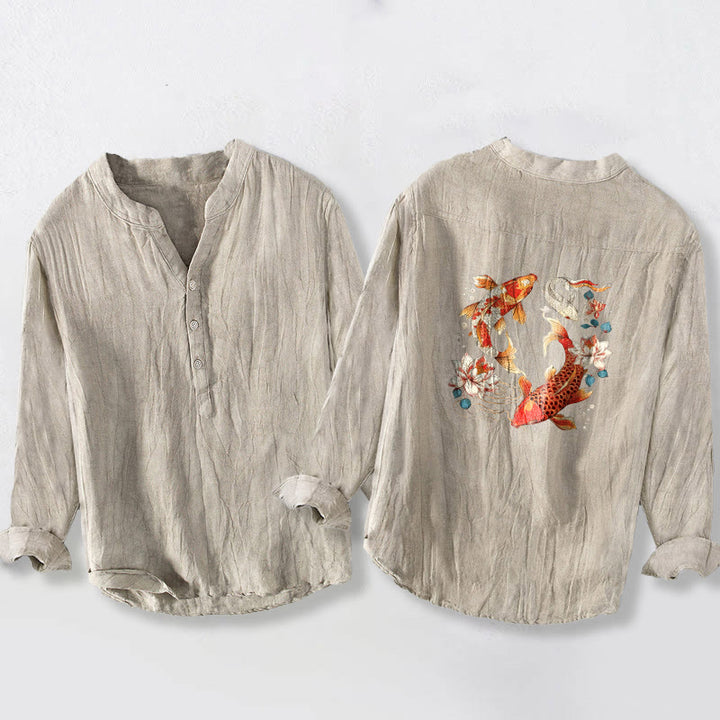 Koszula Buddha Stones z długim rękawem z bawełny i lnu, z motywem jasnych ryb Koi i motywem lotosu, z półguzikami - image 5