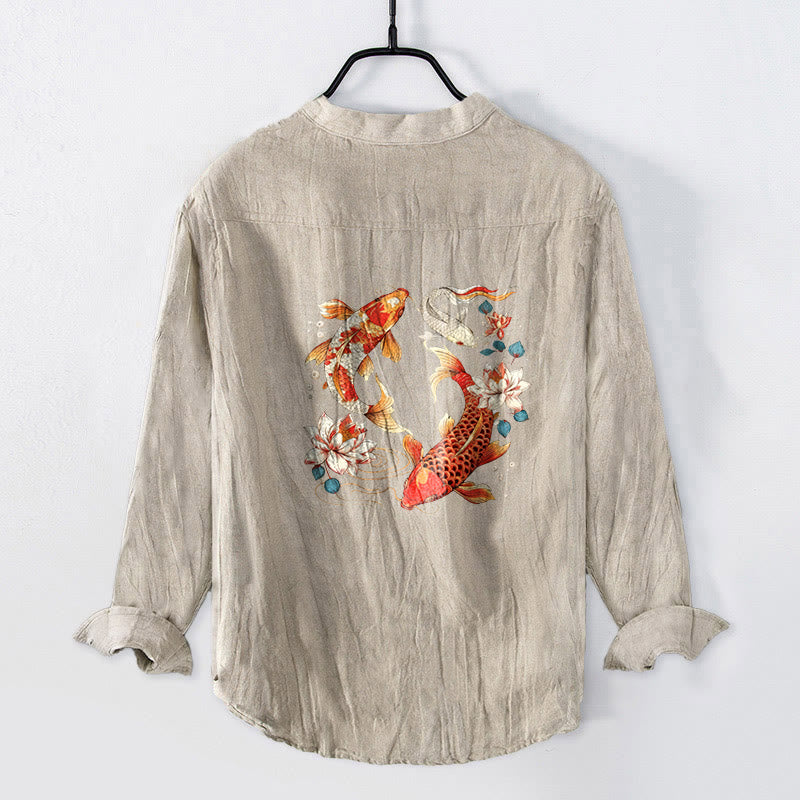 Koszula Buddha Stones z długim rękawem z bawełny i lnu, z motywem jasnych ryb Koi i motywem lotosu, z półguzikami - Bielizna - US/UK/AU50, EU60 (5XL) - image 3