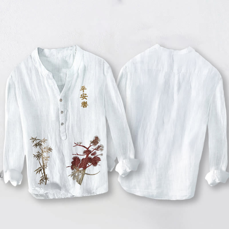 Koszula męska z długim rękawem z bawełny i lnu z kamieniami Buddha Stones, chińskimi znakami, sosną i bambusem - image 2