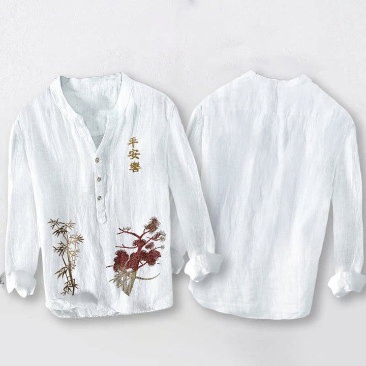 Koszula męska z długim rękawem z bawełny i lnu z kamieniami Buddha Stones, chińskimi znakami, sosną i bambusem - image 2